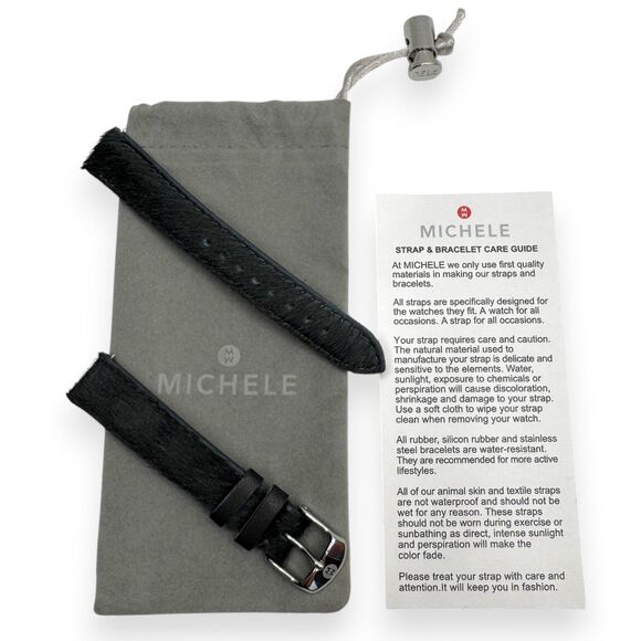 Michele 16mm Black Gray Calf Hair Furry Watch Strap Band Silver Hardware New main image 4